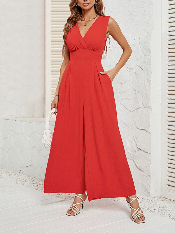 V-Neck Pleated Sleeveless Relaxed Jumpsuit
