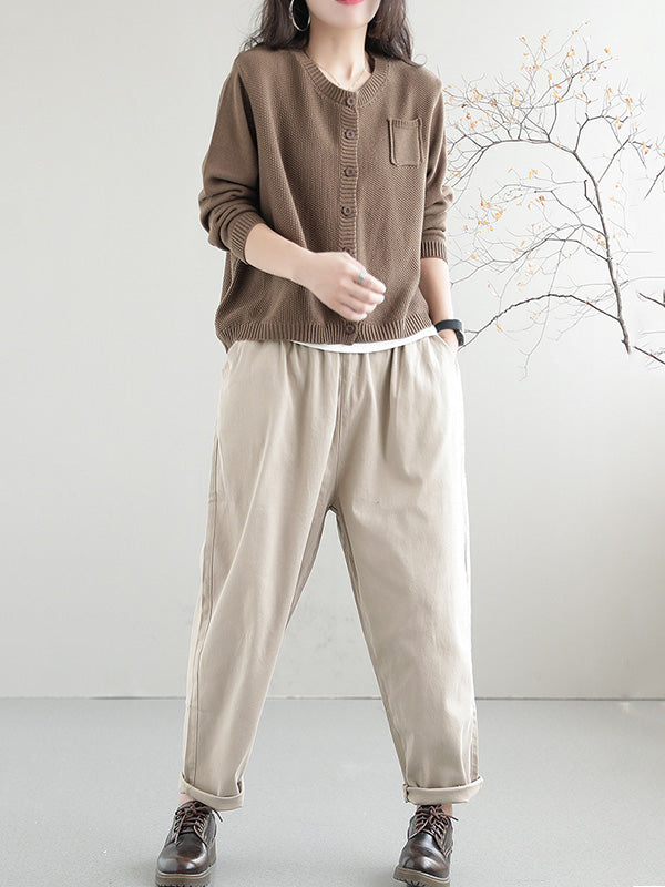 Round-Neck Button-Detail Long-Sleeve Relaxed Cardigan