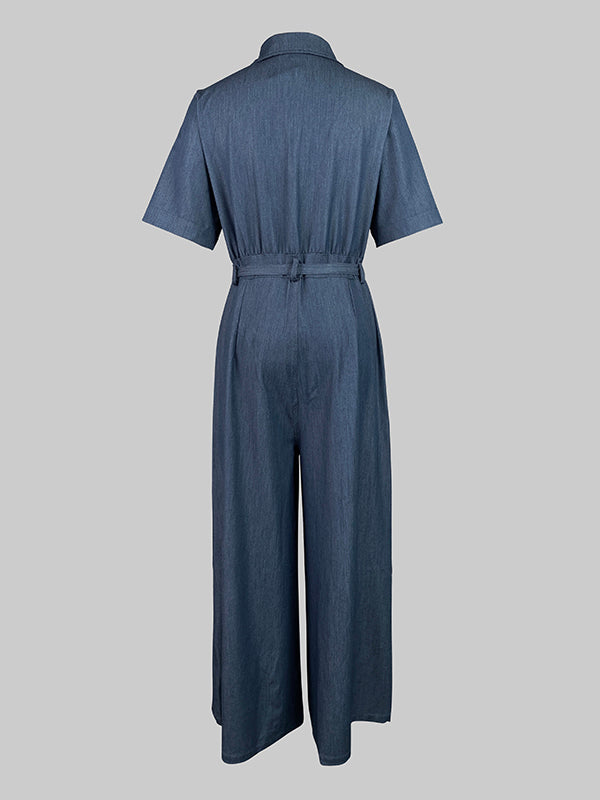 Denim V-Neck Short-Sleeve Jumpsuit