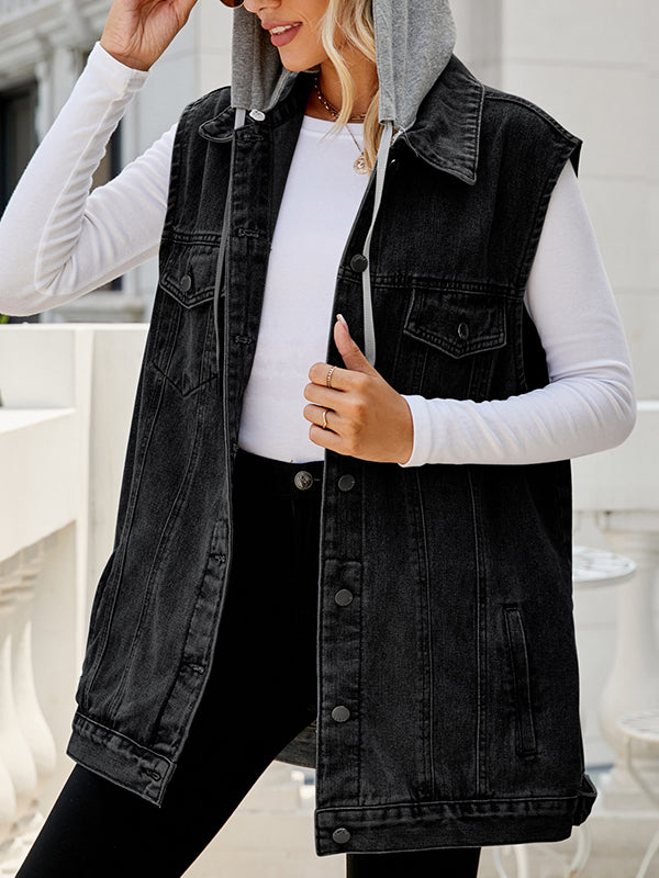 Hooded Drawstring Button-Detail Pocket Vest