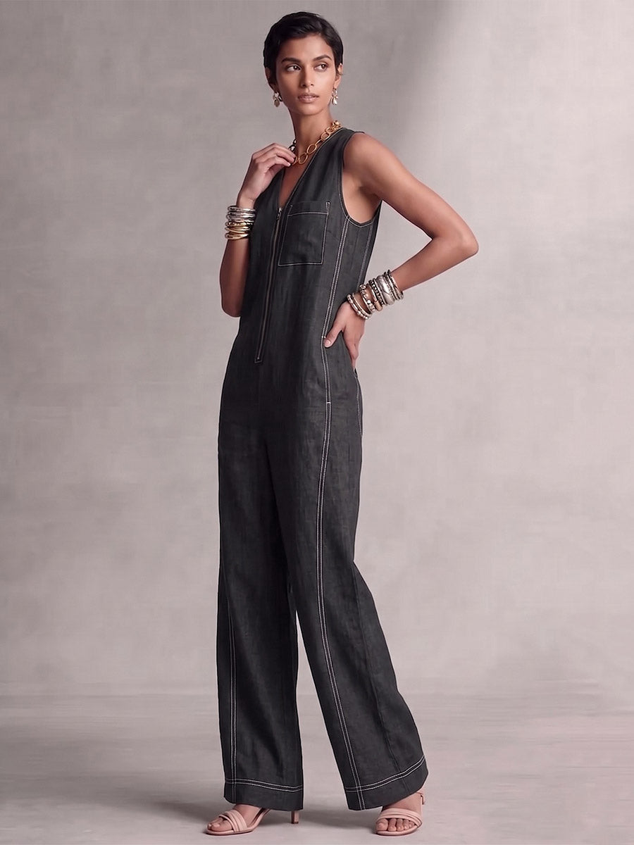 High-Waist V-Neck Zip Pocket Jumpsuit