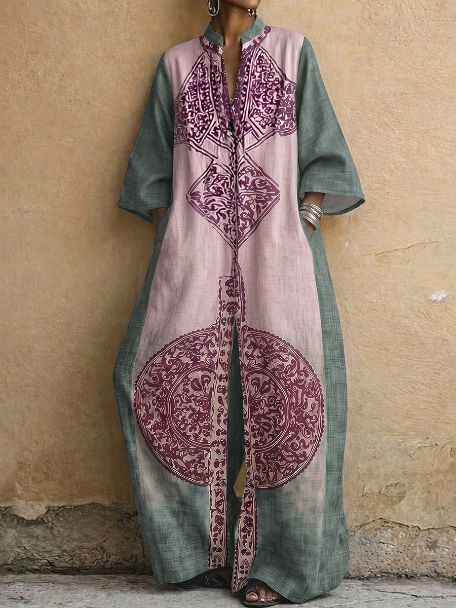 Printed V-Neck Pocket Three-Quarter Sleeve Jumpsuit