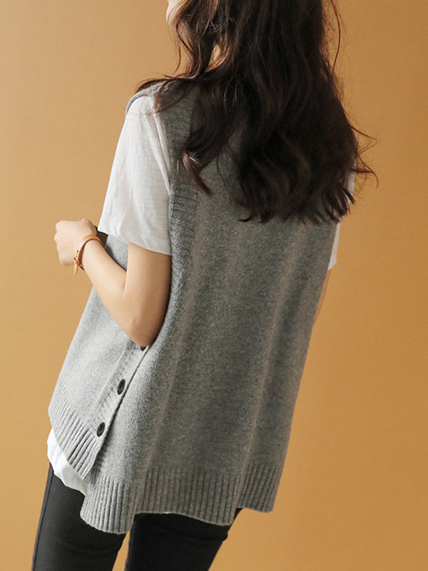 Round-Neck Button-Detail Sleeveless Relaxed Vest