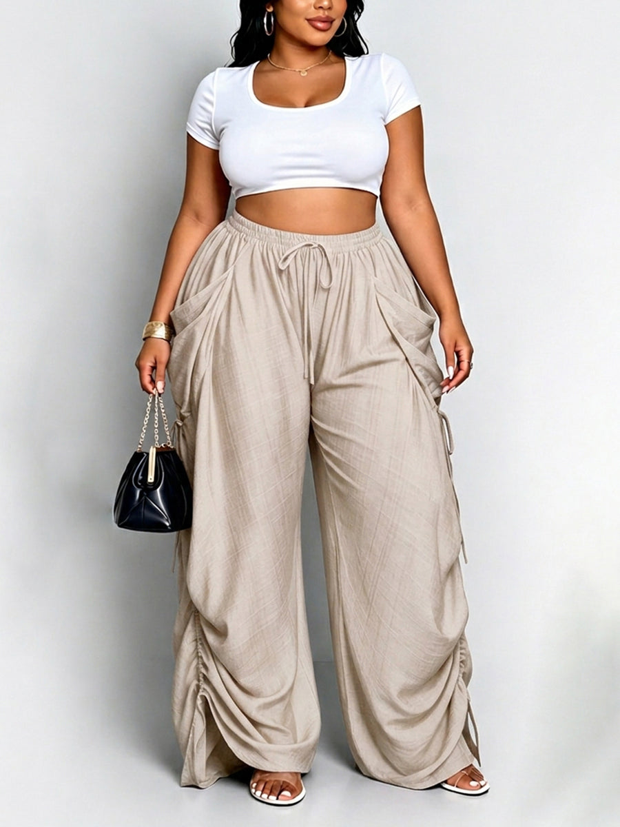 High-Waist Drawstring Pocket Elastic Pants