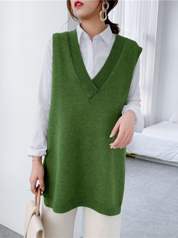 Knit V-Neck Side-Split Sleeveless Vest