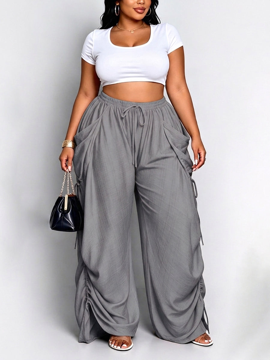 High-Waist Drawstring Pocket Elastic Pants