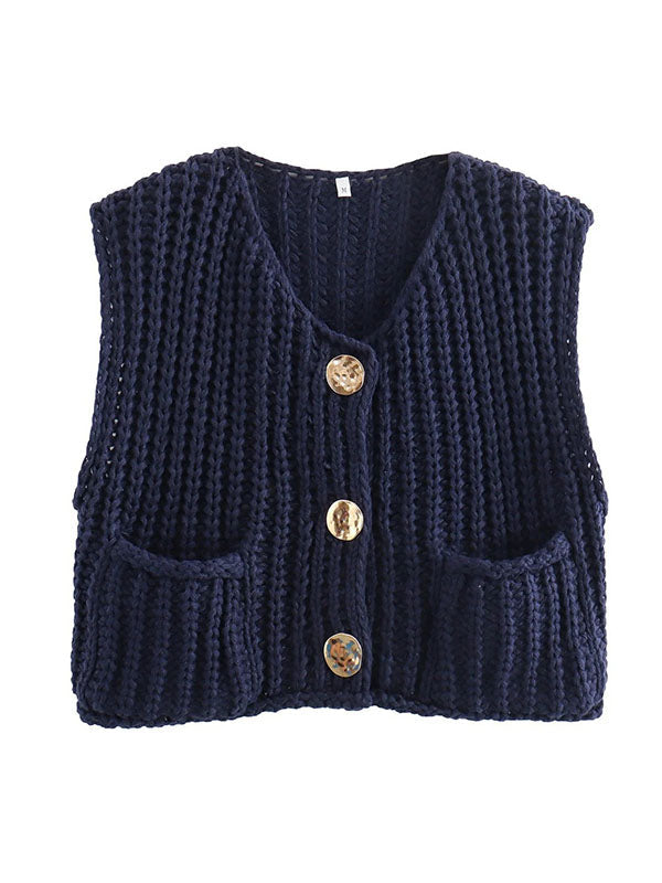 V-Neck Button-Detail Pocket Sleeveless Vest