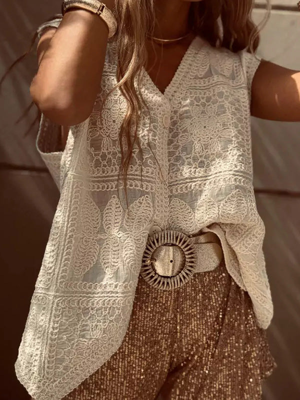 V-Neck Embroidered Button-Detail Sleeveless Vest