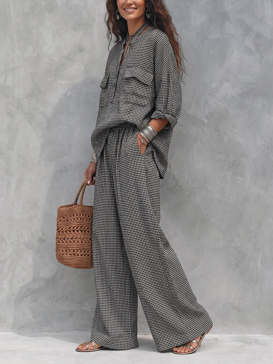 Checked Wide-Leg Pocket Elastic Pants