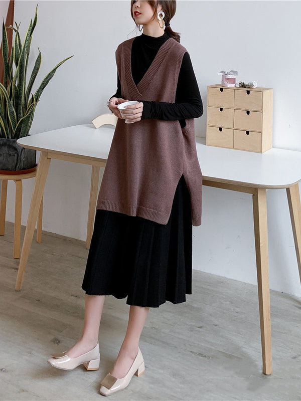 Knit V-Neck Side-Split Sleeveless Vest