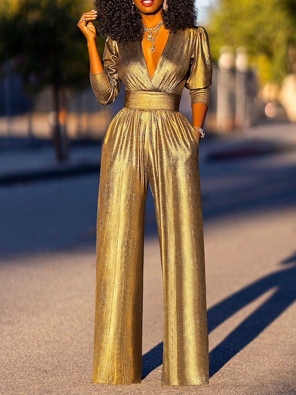 High-Waist V-Neck Three-Quarter Sleeve Jumpsuit