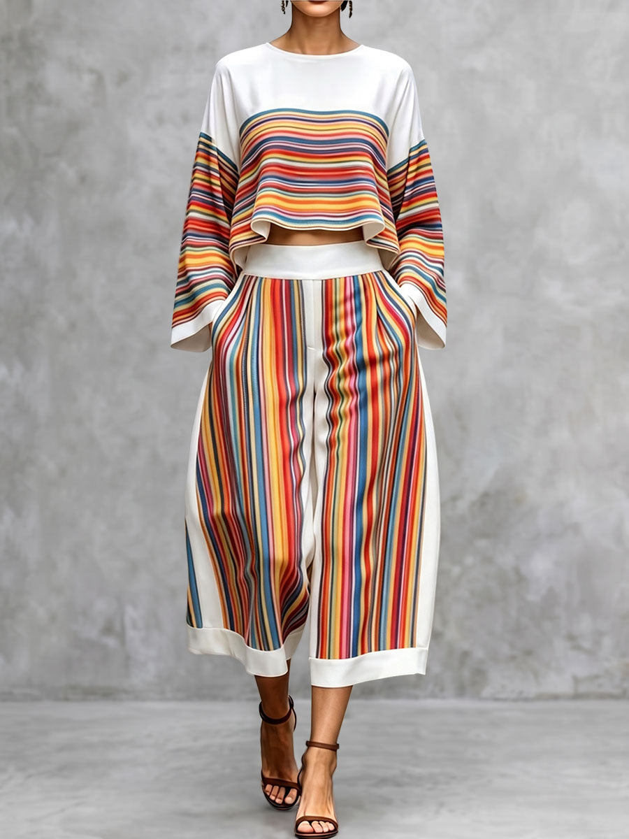 Striped Wide-Leg Cropped Pocket Pants