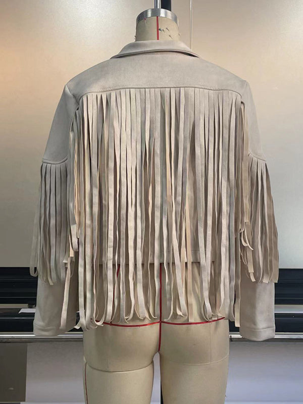 Notch-Collar Fringe Long-Sleeve Jacket