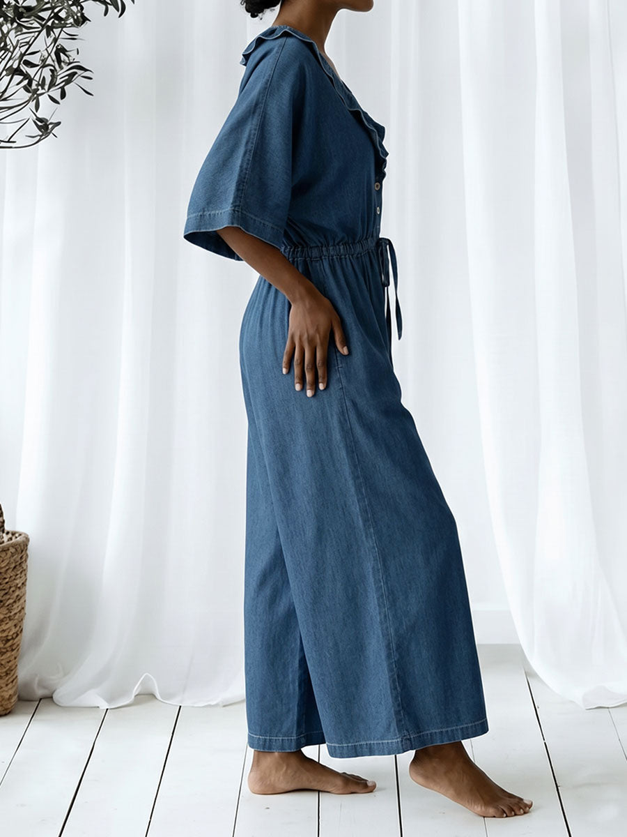 Wide-Leg V-Neck Ruffle Drawstring Jumpsuit