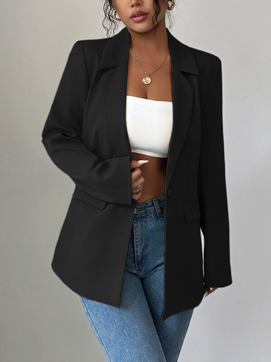 Notch-Collar Button-Detail Pocket Long-Sleeve Blazer