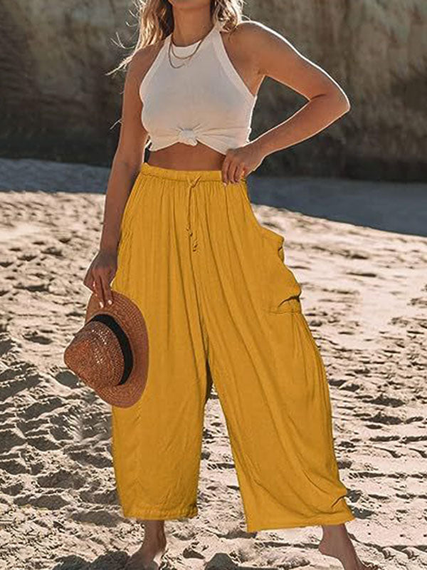 High-Waist Pleated Drawstring Pocket Pants