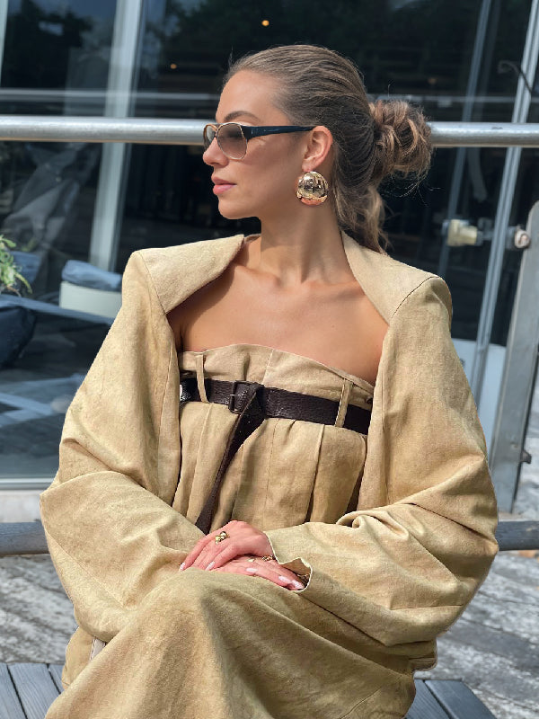 Wide-Leg Button-Detail Belted Long-Sleeve Belt