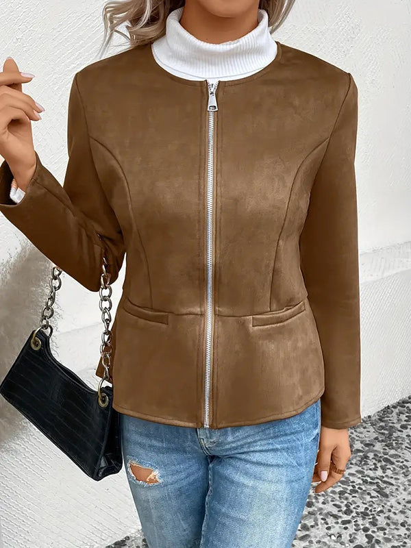 Round-Neck Zip Pocket Long-Sleeve Jacket