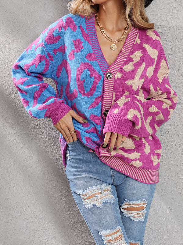 Leopard Print V-Neck Button-Detail Long-Sleeve Cardigan