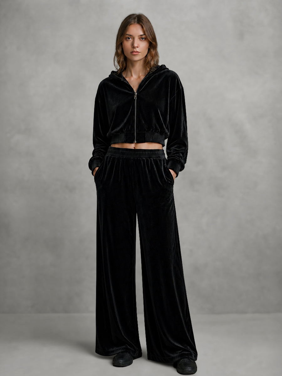 Velvet Wide-Leg Pocket Elastic Pants