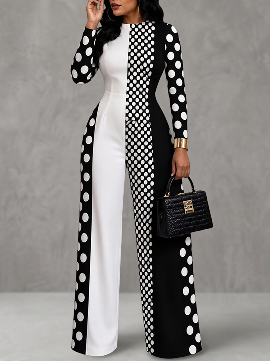 High-Waist Round-Neck Zip Long-Sleeve Jumpsuit
