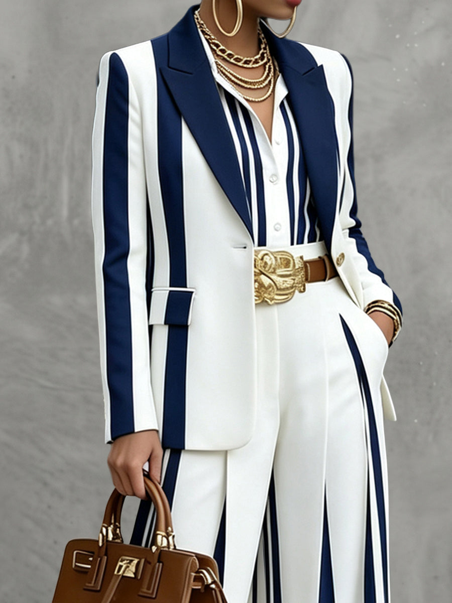 Striped Notch-Collar Button-Detail Long-Sleeve Blazer