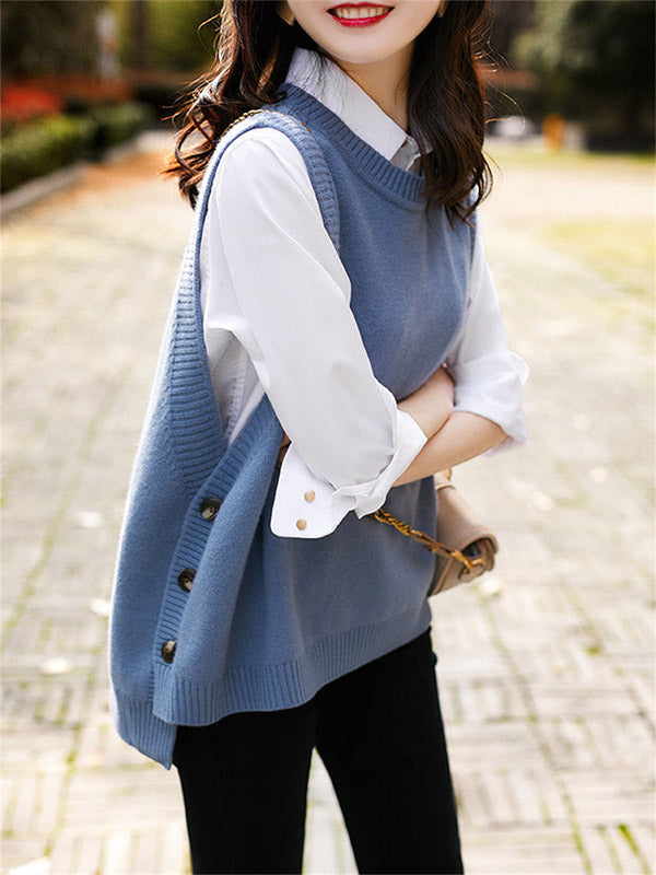 Knit Round-Neck Sleeveless Relaxed Vest