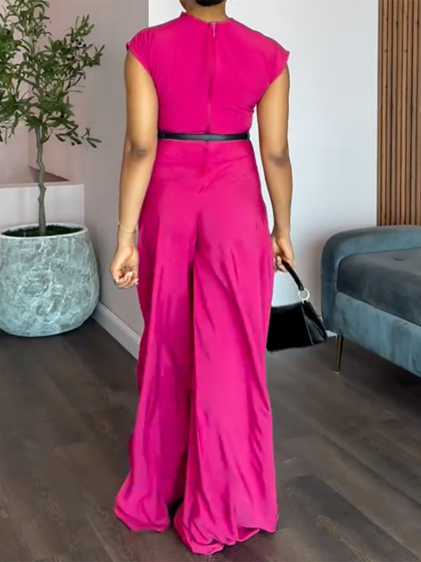 Wide-Leg Stand-Collar Cap-Sleeve Belt