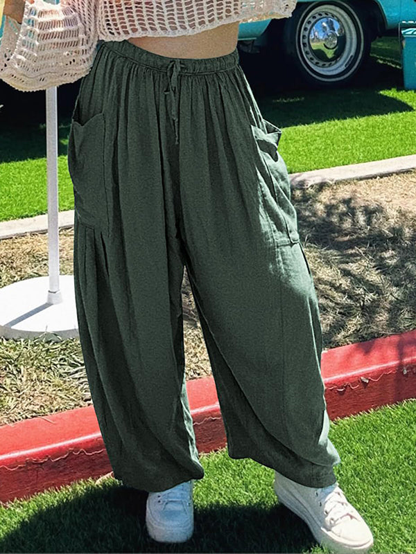 High-Waist Pleated Drawstring Pocket Pants