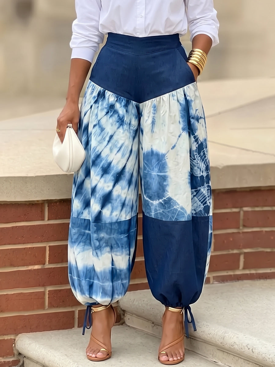 Printed High-Waist Contrast Pants