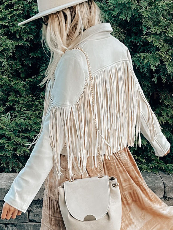 Notch-Collar Fringe Long-Sleeve Jacket