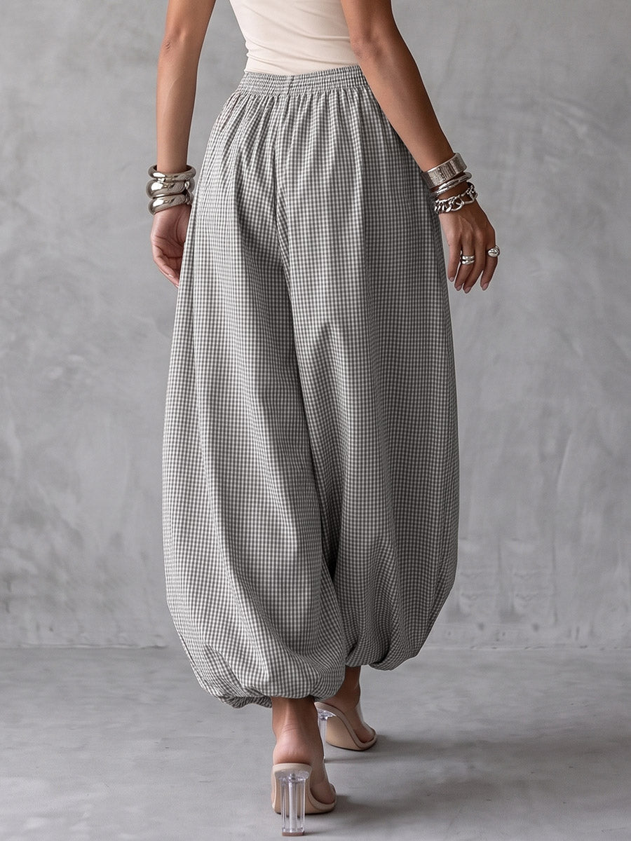 Checked Wide-Leg Drawstring Pocket Pants