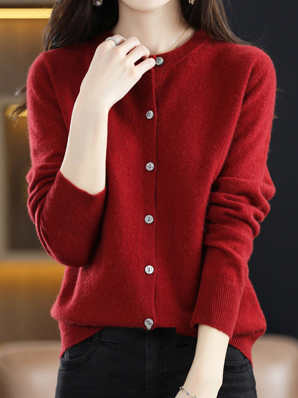 Knit Round-Neck Button-Detail Long-Sleeve Cardigan