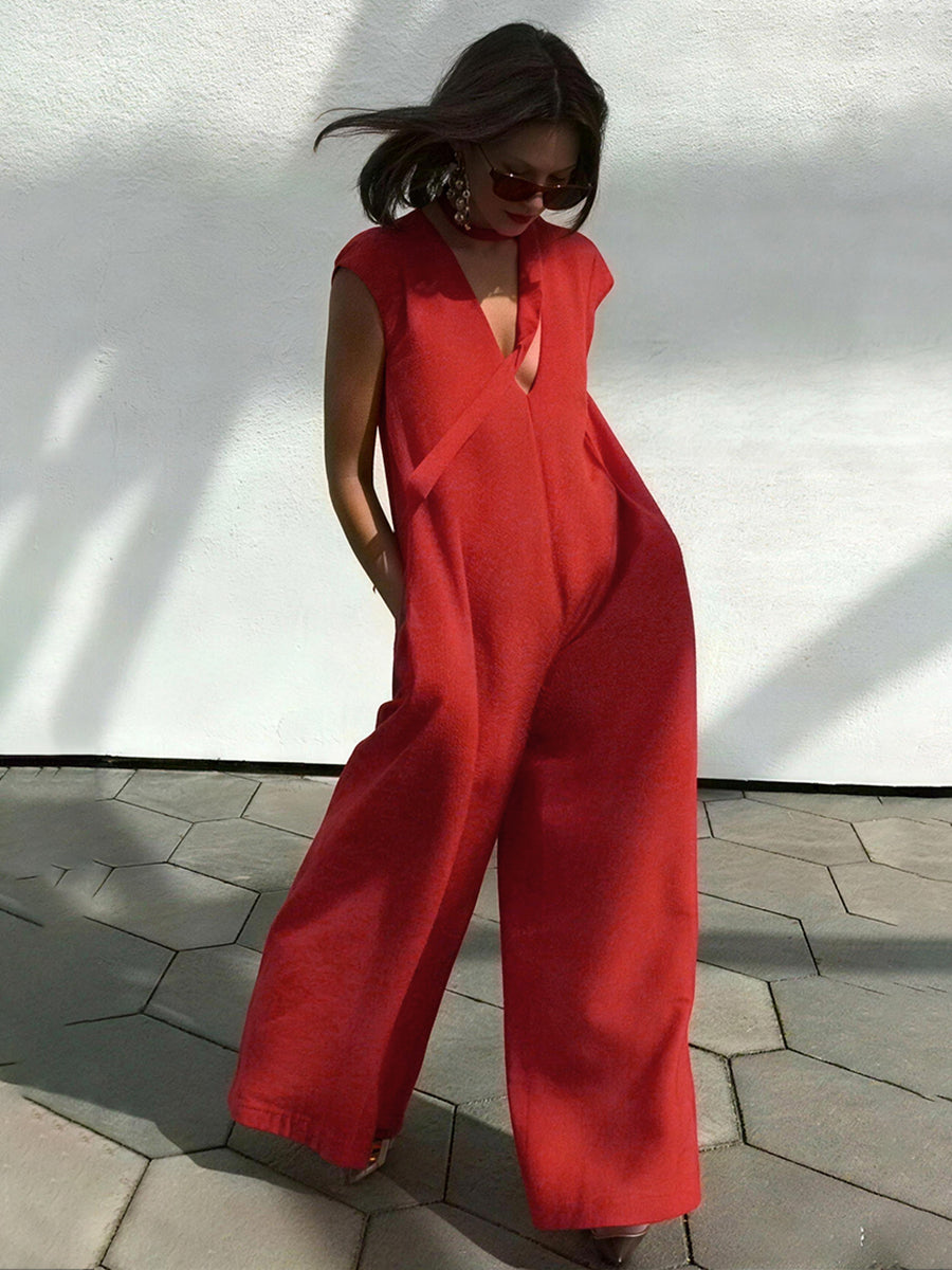 Wide-Leg V-Neck Pocket Relaxed Jumpsuit