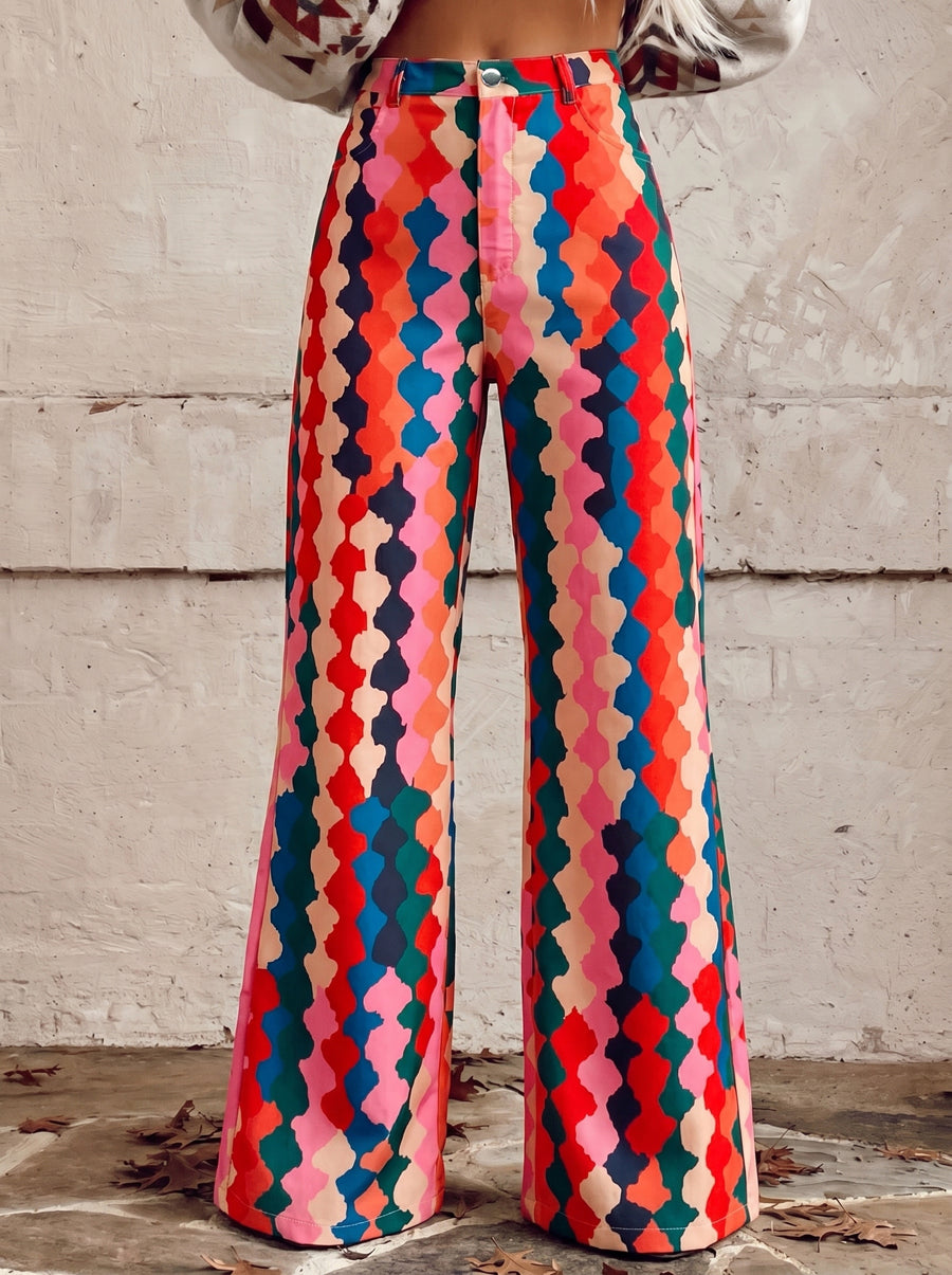 Printed High-Waist Plus Size Button-Detail Pants