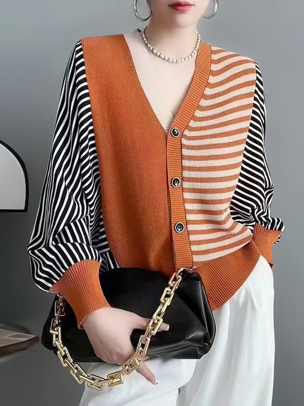 Striped Knit V-Neck Button-Detail Cardigan