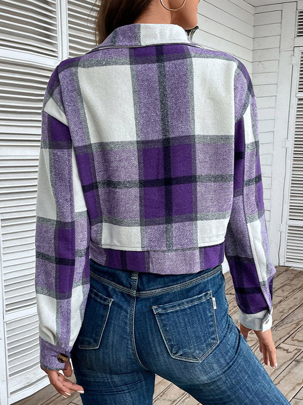Checked Button-Detail Pocket Long-Sleeve Jacket