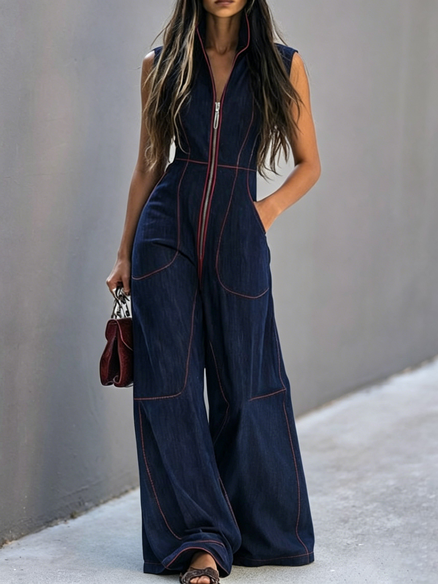 High-Waist Stand-Collar Zip Pocket Jumpsuit