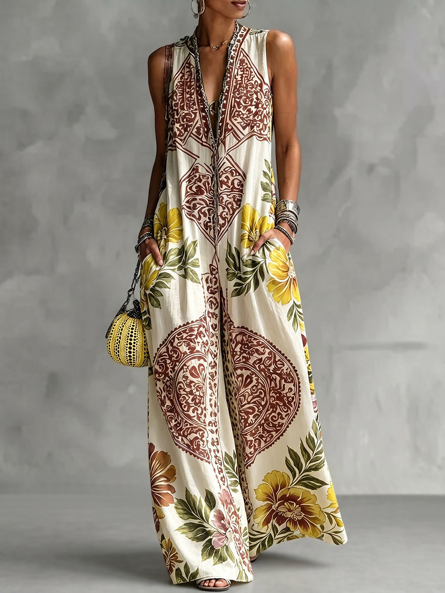 Floral V-Neck Pocket Sleeveless Jumpsuit