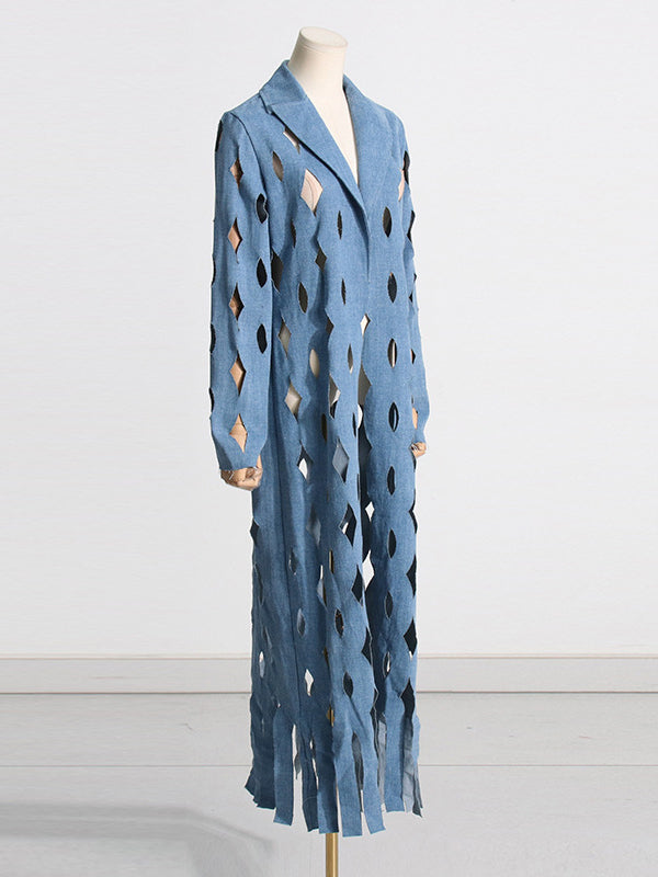 Denim Notch-Collar Fringe Long-Sleeve Jacket