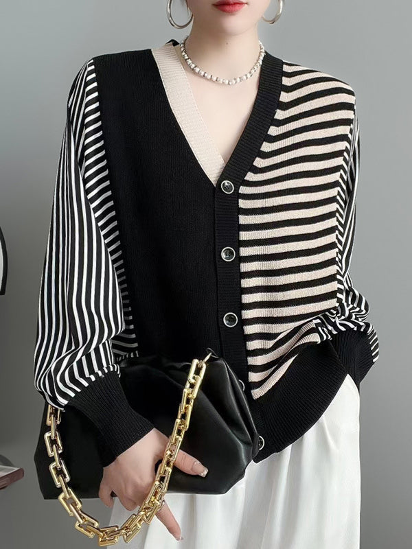 Striped Knit V-Neck Button-Detail Cardigan