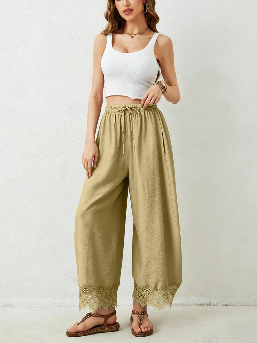 Wide-Leg Drawstring Pocket Elastic Pants
