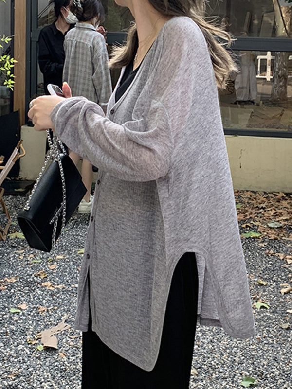 V-Neck Button-Detail Long-Sleeve Relaxed Cardigan