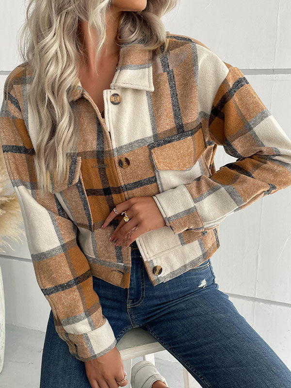Checked Button-Detail Pocket Long-Sleeve Jacket