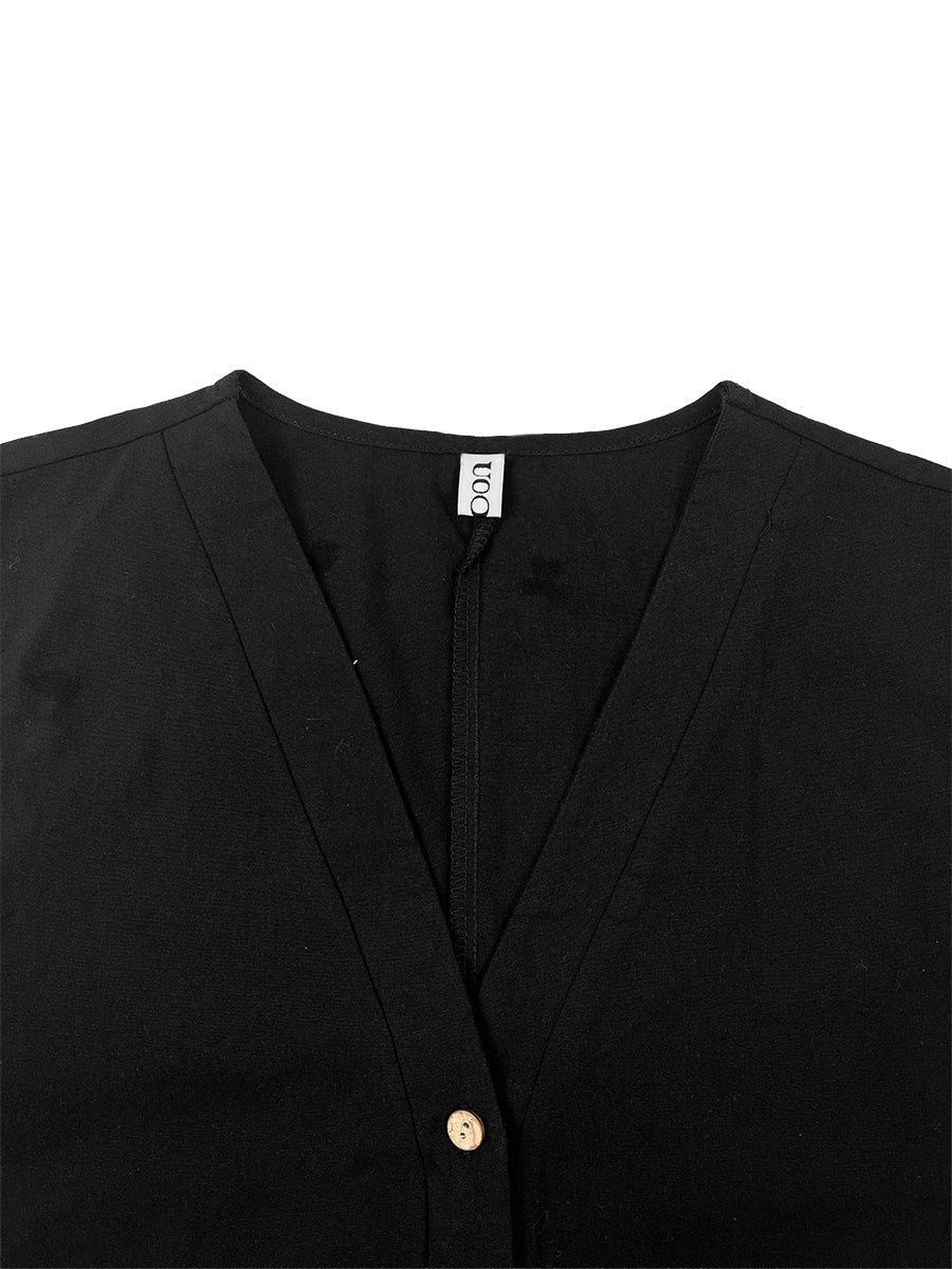 Wide-Leg V-Neck Button-Detail Pocket Jumpsuit