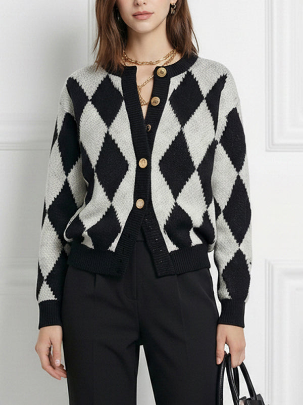 Checked Round-Neck Button-Detail Long-Sleeve Cardigan