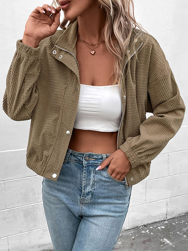 Button-Detail Zip Long-Sleeve Relaxed Jacket