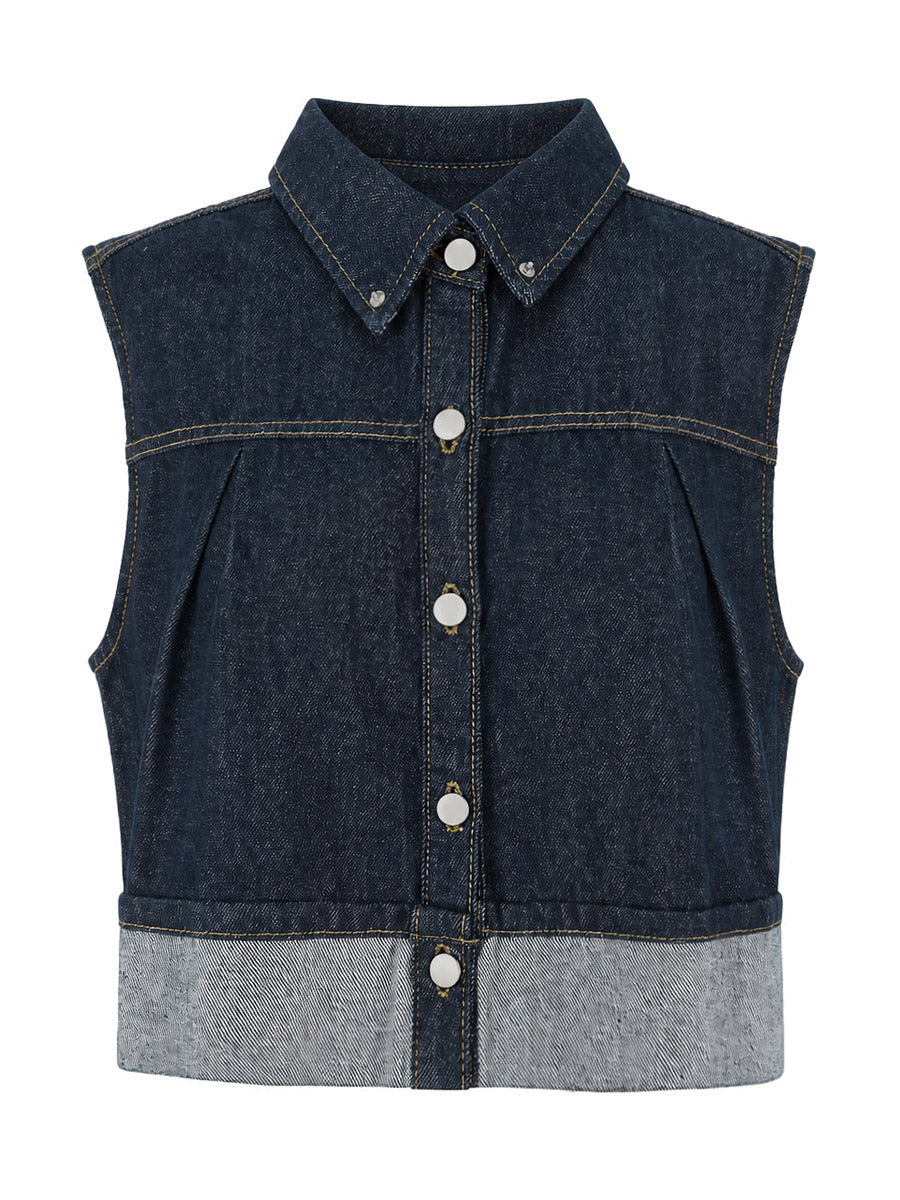 Pleated Button-Detail Sleeveless Relaxed Vest