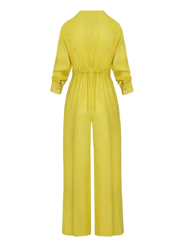 High-Waist V-Neck Button-Detail Pocket Jumpsuit