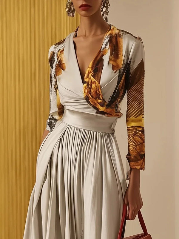 Floral V-Neck Pleated Long-Sleeve Jumpsuit
